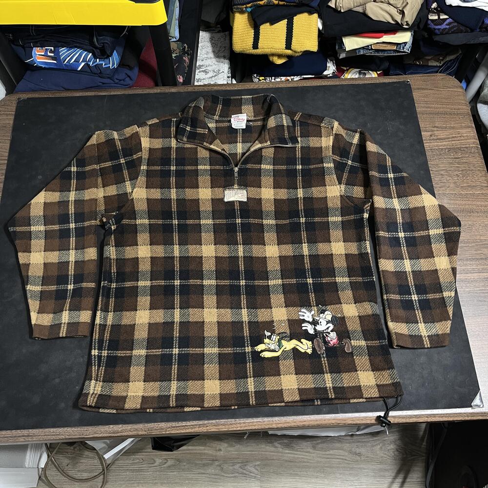 Disney Country Mickey Pluto Outdoors Fleece Sweater Lumberjack 90s Plaid 1/4 Zip
